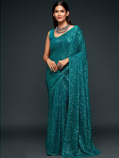 blue georgette heavy sequins embroidery saree with blouse - 19507879 - Very Small Image - 1