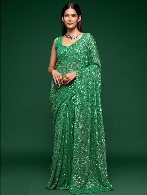 green georgette heavy sequins embroidery saree with blouse - 19507880 - Very Small Image - 1