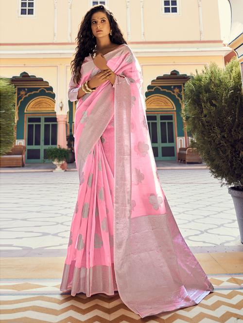pink self design woven saree with blouse - 19507883 - Very Small Image - 1