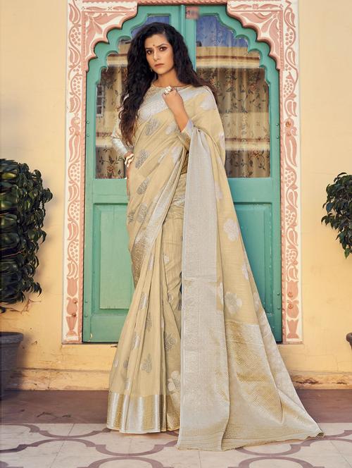 cream self design woven saree with blouse - 19507884 - Very Small Image - 1
