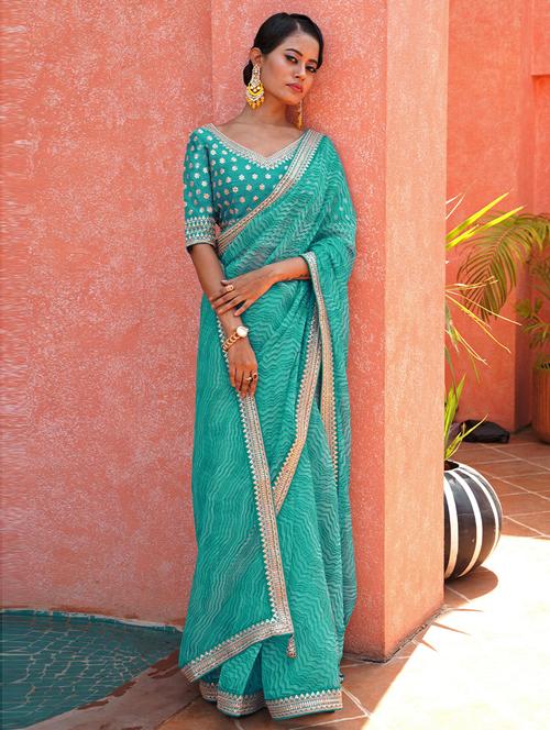 turquoise bordered saree with blouse - 19507895 - Very Small Image - 1