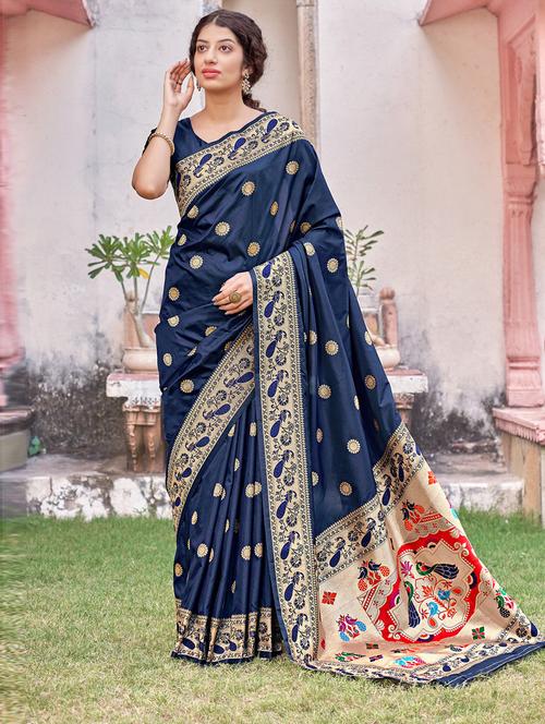 blue self design woven saree with blouse - 19507900 - Very Small Image - 1