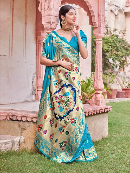 turquoise self design woven saree with blouse - 19507902 - Very Small Image - 1