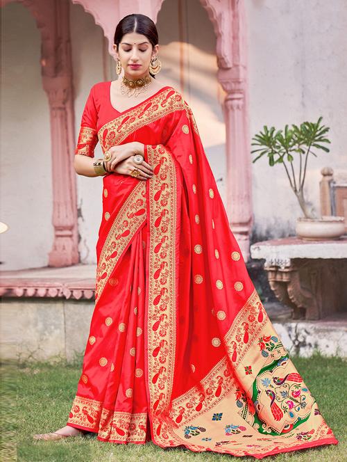 red satin printed woven saree - 19507903 - Very Small Image - 1
