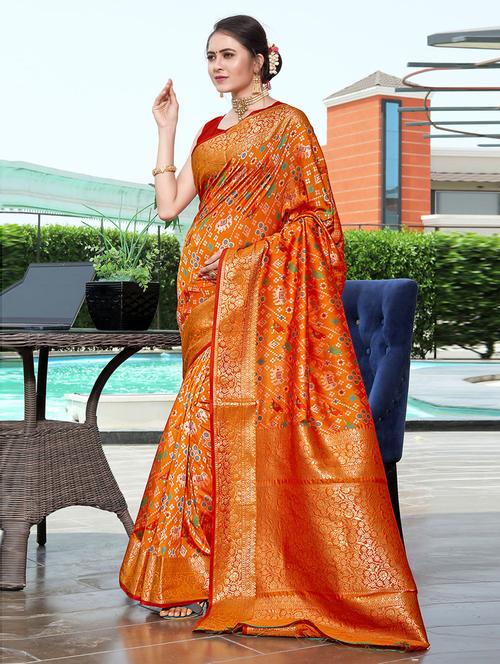 orange self design woven saree with blouse - 19507909 - Very Small Image - 1