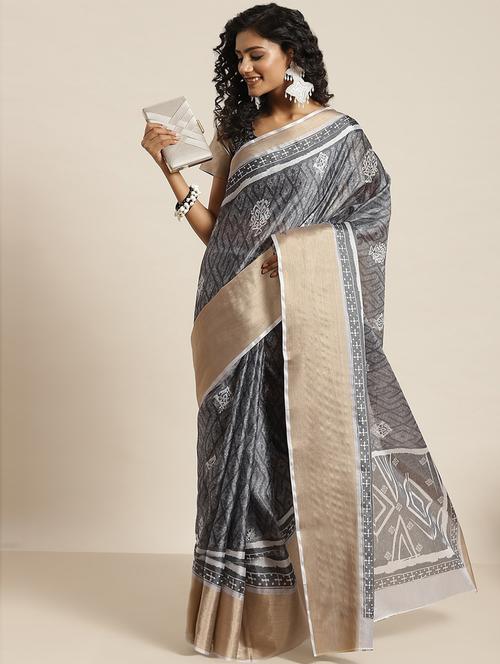 grey printed saree with blouse - 19507931 - Very Small Image - 1
