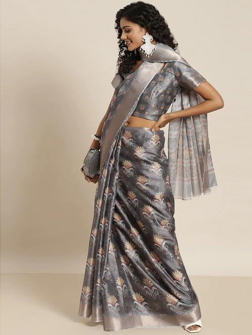 grey silk blend floral print woven saree with blouse - 19507938 - Very Small Image - 1
