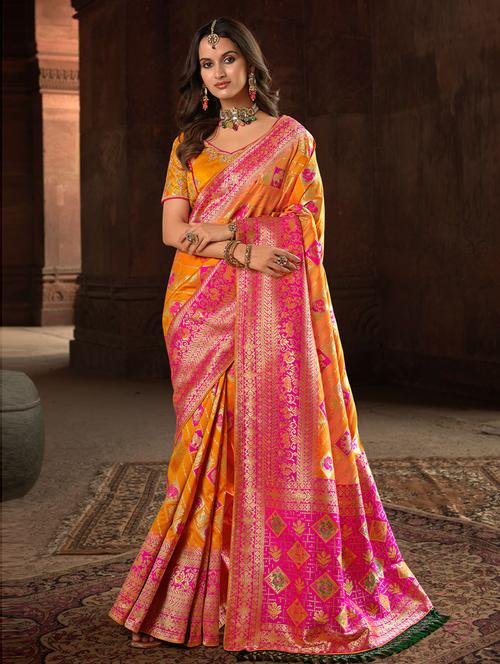 orange self design woven saree with blouse - 19507939 - Very Small Image - 1