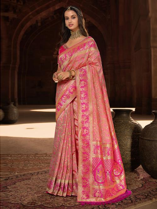 pink self design woven saree with blouse - 19507942 - Very Small Image - 1