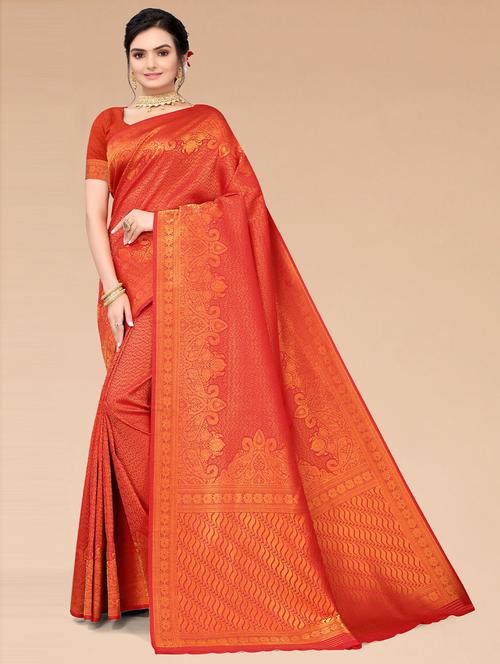 orange self design woven saree with blouse - 19507950 - Very Small Image - 1