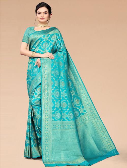 turquoise silk blend printed woven saree with blouse - 19507955 - Very Small Image - 1