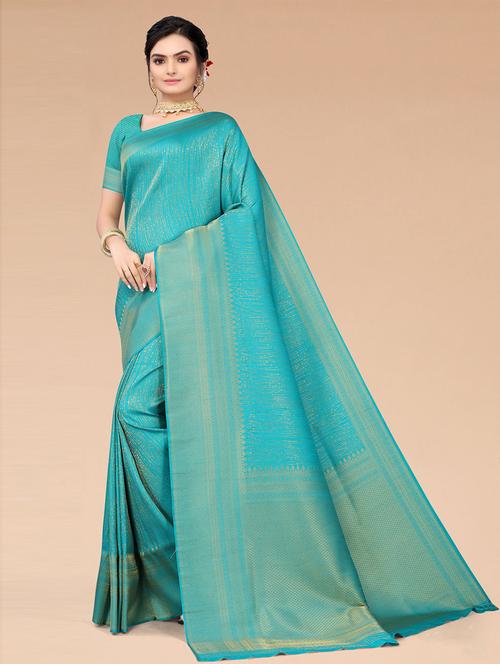 turquoise self design woven saree with blouse - 19507958 - Very Small Image - 1