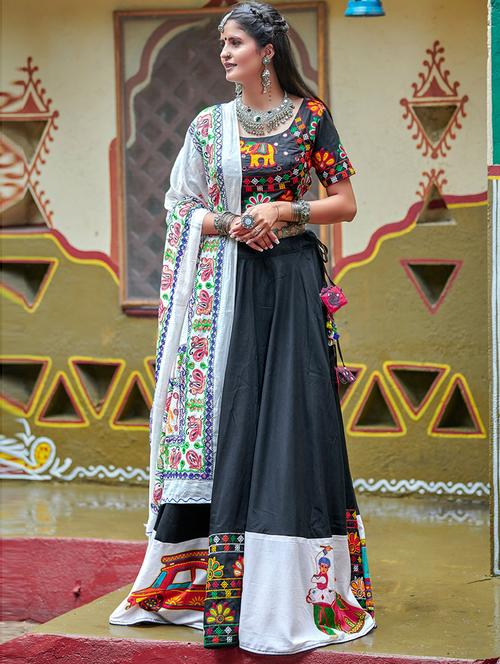 black hand printed flared unstitched lehenga - 19508075 - Very Small Image - 1