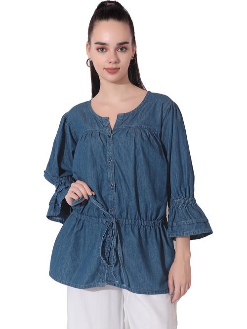 blue cotton blend regular top with waist drawstring - 19509185 - Very Small Image - 1