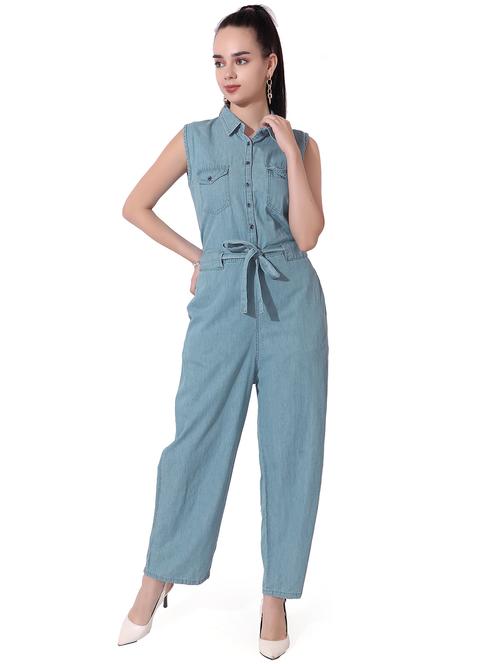 light blue cotton blend full leg jumpsuit - 19509357 - Very Small Image - 1