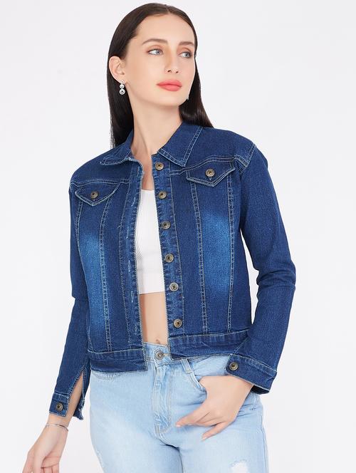 spread collar denim solid jacket - 19509380 - Very Small Image - 1