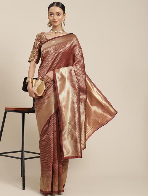 maroon self design banarasi saree with blouse - 19509846 - Very Small Image - 1