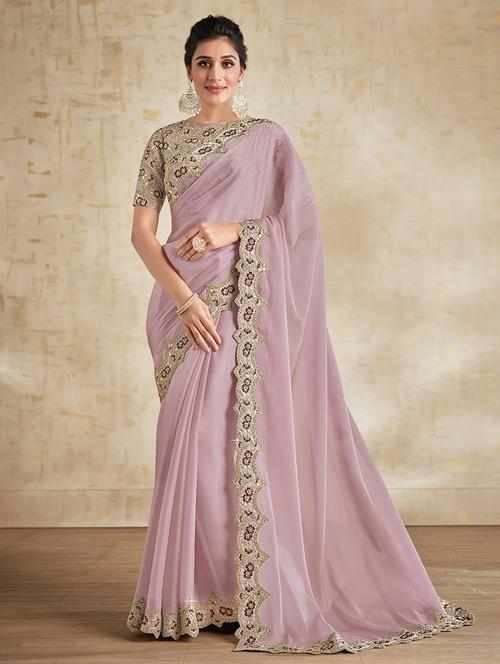 lavender bordered saree with blouse - 19510106 - Very Small Image - 1