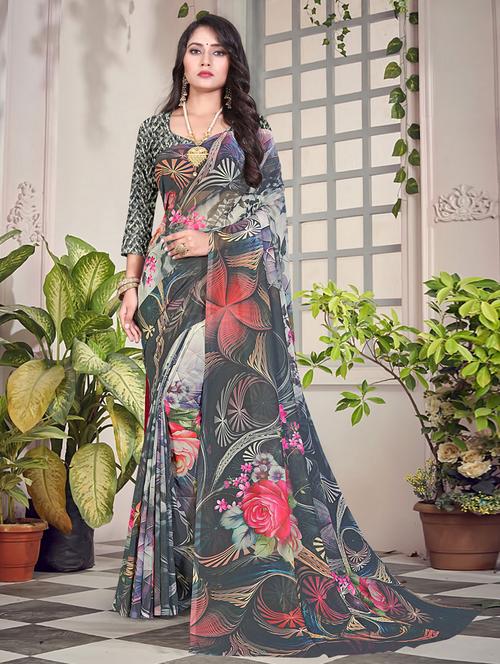 grey printed saree with blouse - 19510147 - Very Small Image - 1
