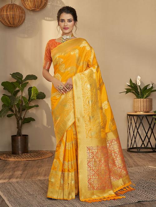 yellow silk foil print woven saree with blouse - 19510149 - Very Small Image - 1