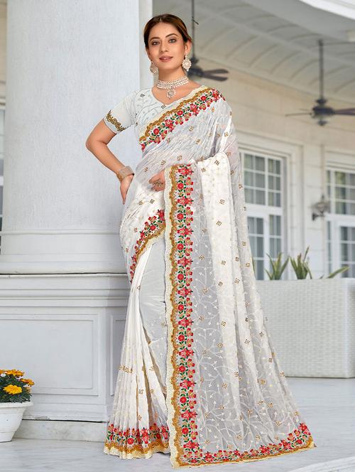 white saree with blouse - 19510173 - Very Small Image - 1