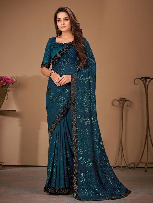 turquoise saree with blouse - 19510189 - Very Small Image - 1