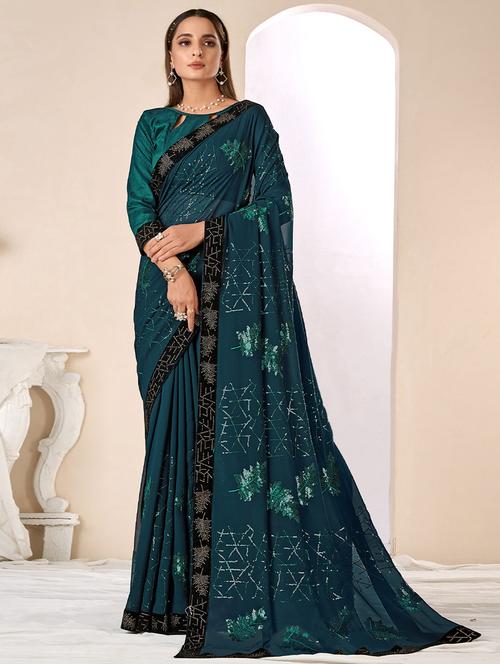 turquoise saree - 19510193 - Very Small Image - 1