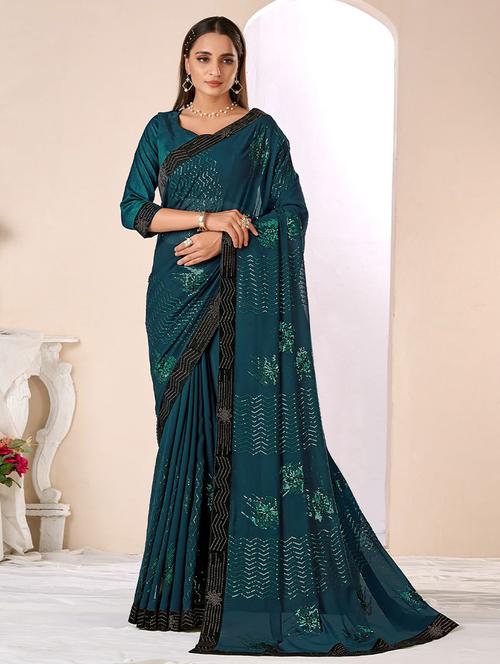 turquoise saree with blouse - 19510195 - Very Small Image - 1
