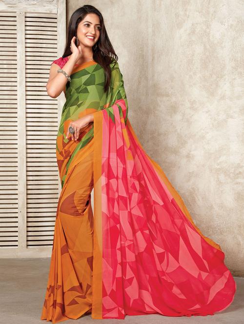 plain printed saree with blouse - 19510199 - Very Small Image - 1