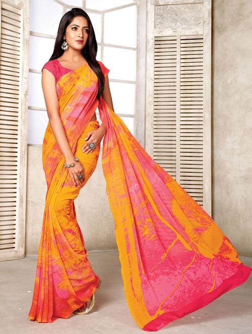 yellow printed saree - 19510202 - Very Small Image - 1