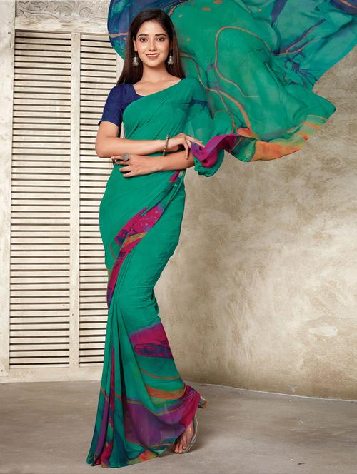 turquoise printed saree with blouse - 19510204 - Very Small Image - 1