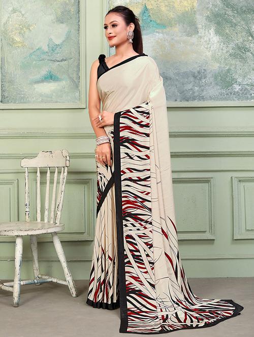 beige printed saree with blouse - 19510241 - Very Small Image - 1