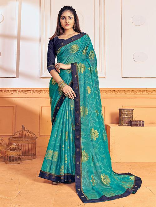 turquoise self design saree with blouse - 19510276 - Very Small Image - 1