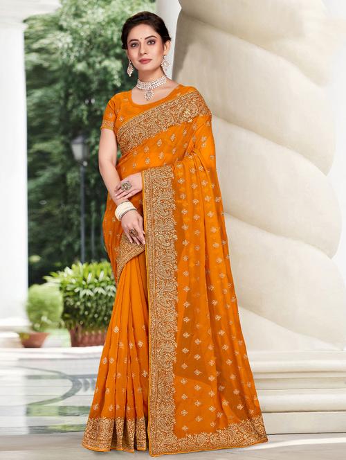 mustard zari embroidery saree with blouse - 19510297 - Very Small Image - 1