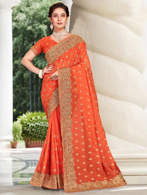 orange zari embroidery saree with blouse - 19510303 - Very Small Image - 1