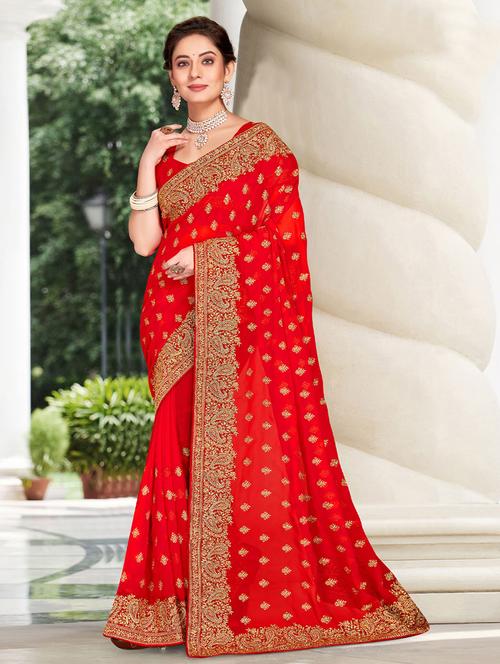 red zari embroidery saree with blouse - 19510305 - Very Small Image - 1