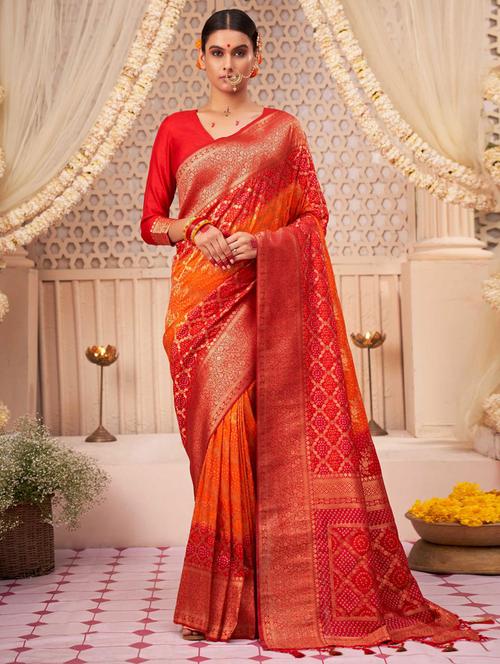 orange raw silk saree - 19510307 - Very Small Image - 1