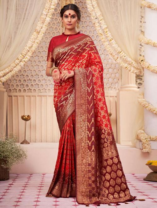 red bandhani raw silk saree with blouse - 19510327 - Very Small Image - 1
