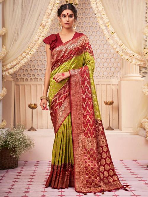 green bandhani raw silk saree with blouse - 19510330 - Very Small Image - 1