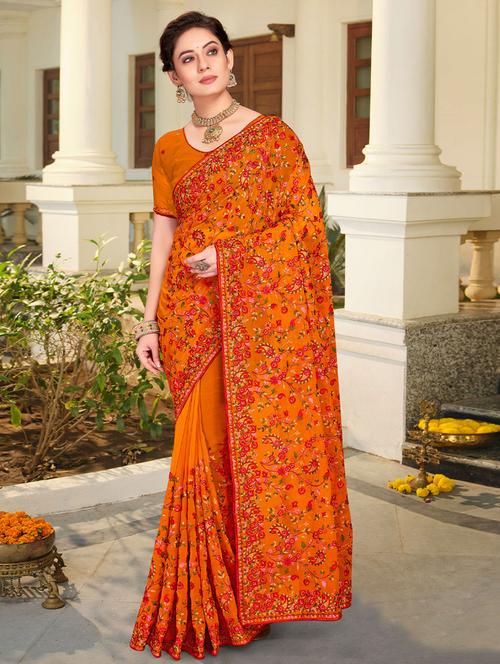 orange georgette saree - 19510336 - Very Small Image - 1