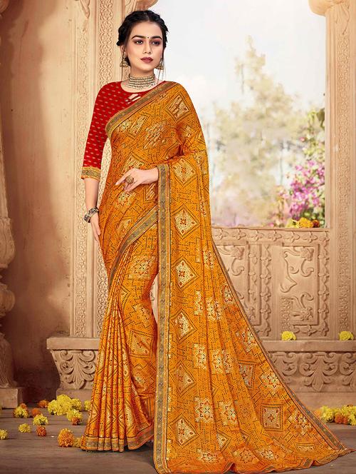 yellow chiffon saree with blouse - 19510376 - Very Small Image - 1