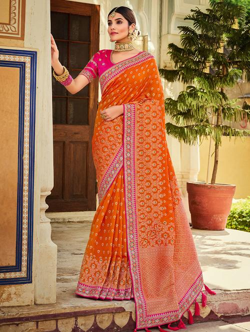 orange silk saree - 19510396 - Very Small Image - 1