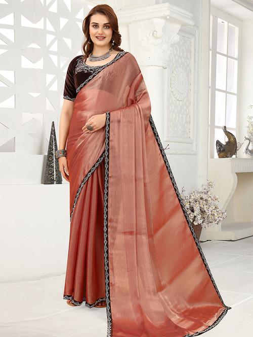 brown organza plain saree with blouse - 19510413 - Very Small Image - 1