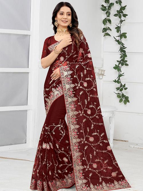 maroon embroidered saree with blouse - 19510424 - Very Small Image - 1