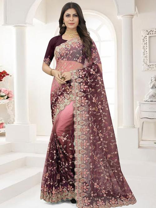 red embroidered saree with blouse - 19510426 - Very Small Image - 1