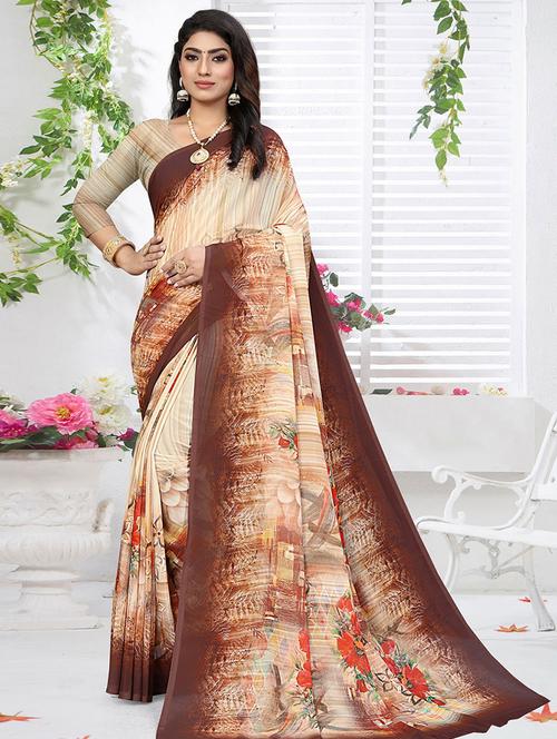 cream printed saree - 19510467 - Very Small Image - 1