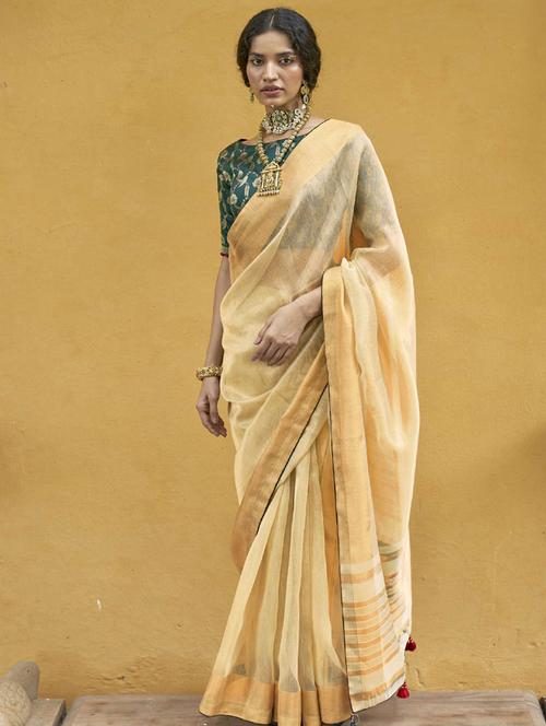 yellow linen saree with blouse - 19510474 - Very Small Image - 1