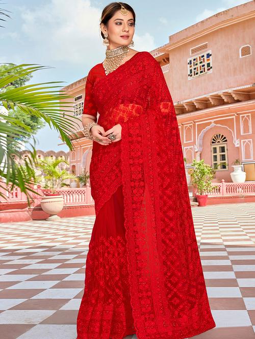 red embroidered saree with blouse - 19510480 - Very Small Image - 1