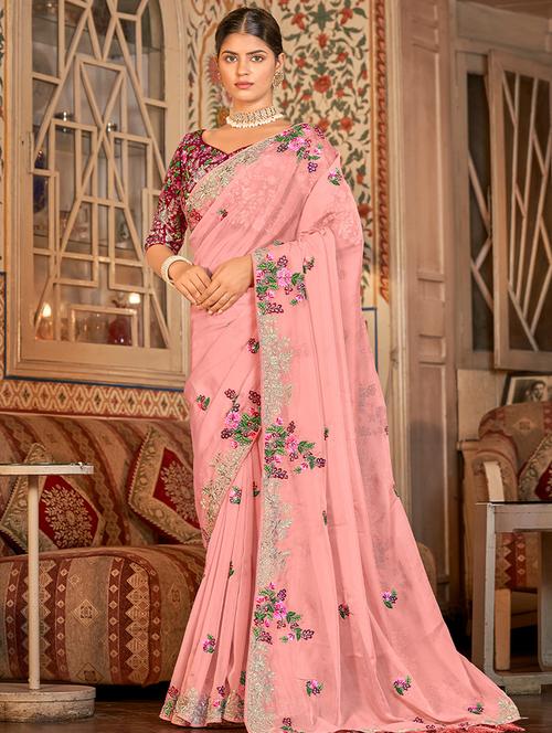 pink embroidered saree with blouse - 19510488 - Very Small Image - 1