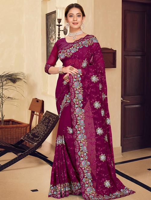 purple georgette saree - 19510494 - Very Small Image - 1